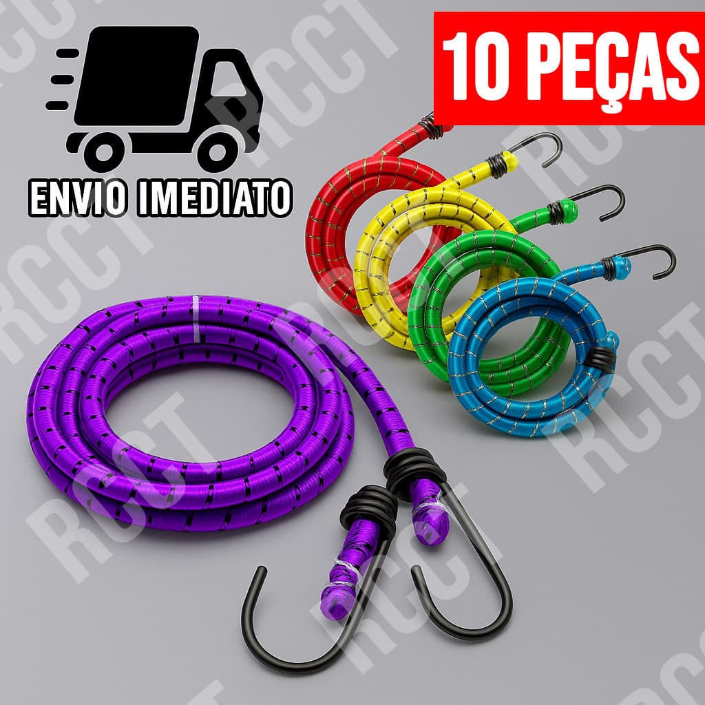 Kit 10 Corda Elástica Multiuso 1,50m com Gancho de Metal Forte para Moto e Bagageiro