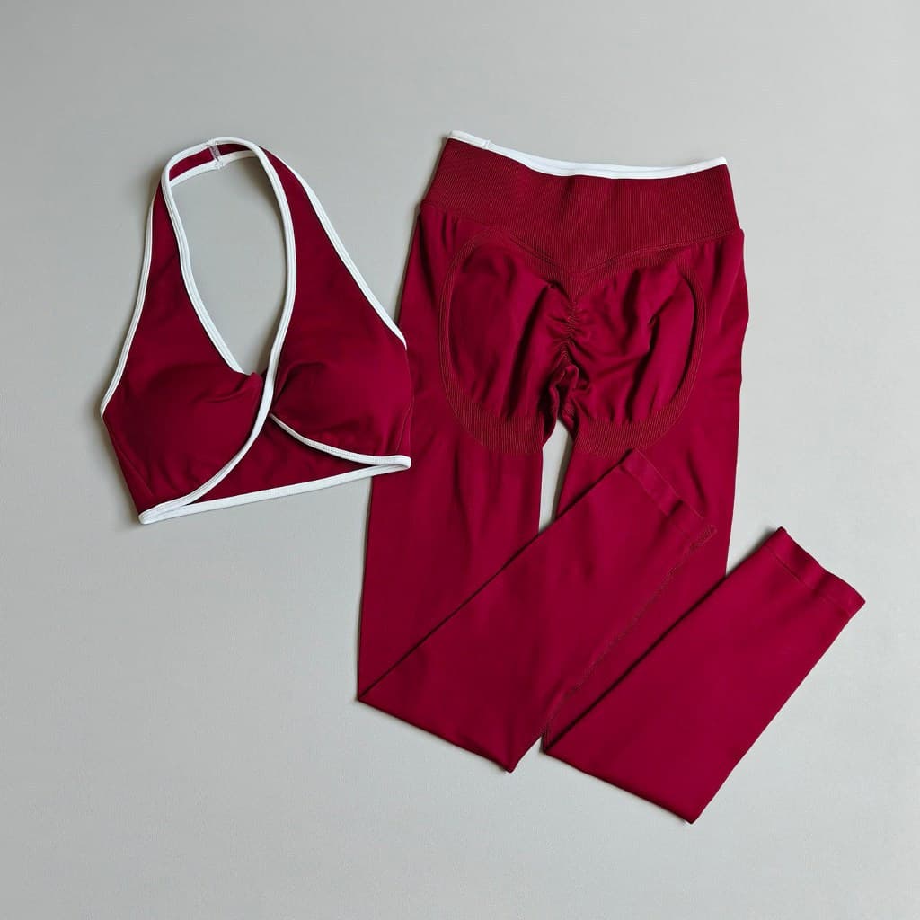 Conjunto de yoga feminino sem costura estilo europeu-americano, com top push-up de decote halter em cor contrastante e c