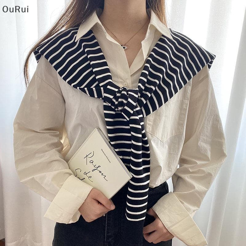 { RUI } Xale de Tricô Listrado Coreano para Outono Inverno, Cachecol Versátil para Mulheres OuRui