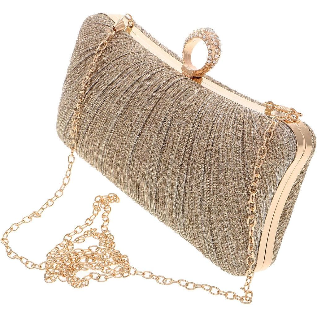 Bolsa de Mão de Luxo Tofficu com Pregas Dourada com Corrente Transversal Brilhante, Bolsa Formal para Noivas para Casame