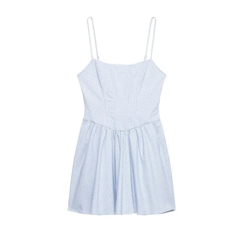 Vestido Feminino Curto Casual Estilo Corset Xadrez Gingham com Alças Finas, Decote nas Costas, Sem Mangas, Saia Evasê e