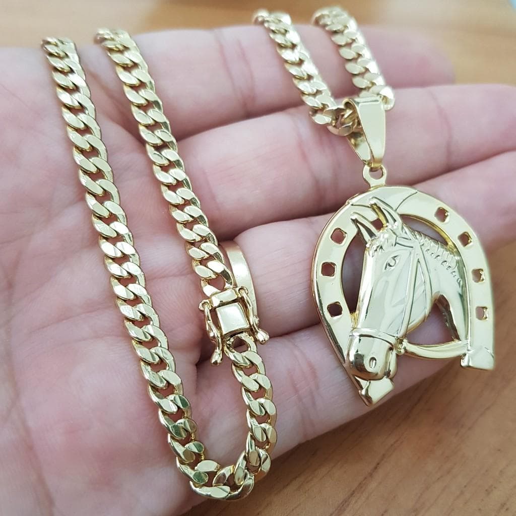 Corrente Com Pulseira Grumet 5mm + Ferradura Banhados a Ouro 18k