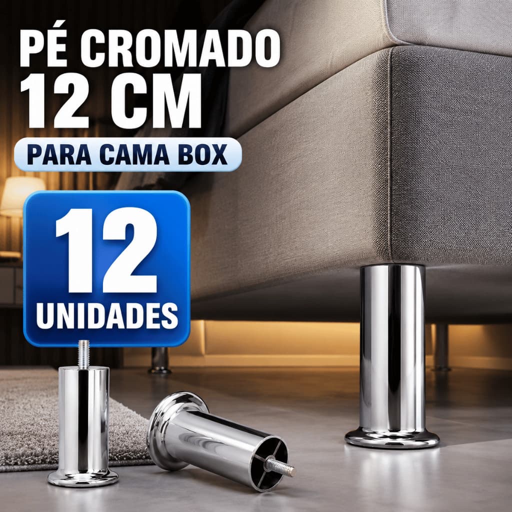 Pezinho para Cama Box Cromado 12 cm Reforçado Rosqueável 12 Unidades
