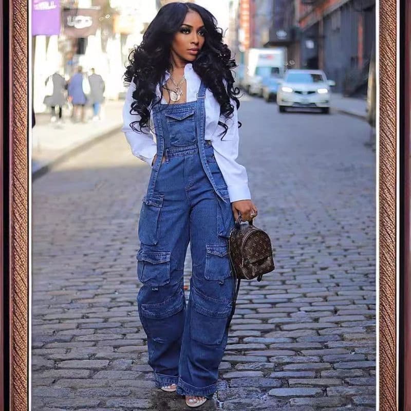 Suspensórios jeans soltos femininos primavera rua moda macacão com vários bolsos