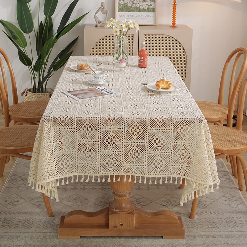 Toalha de mesa de crochê Pastoral americana, toalha de mesa oca de tricô com borla, toalha de mesa bege, pano oco, renda