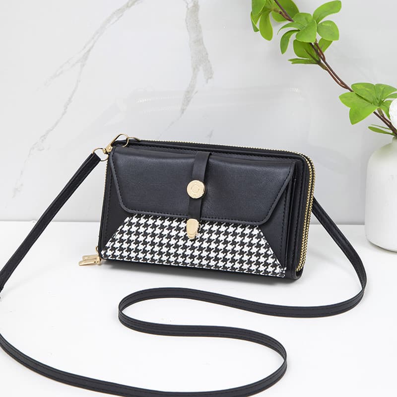 Bolsa de Ombro Feminina de Couro com Zíper Duplo, Padrão Pied-de-Poule, Grande Capacidade