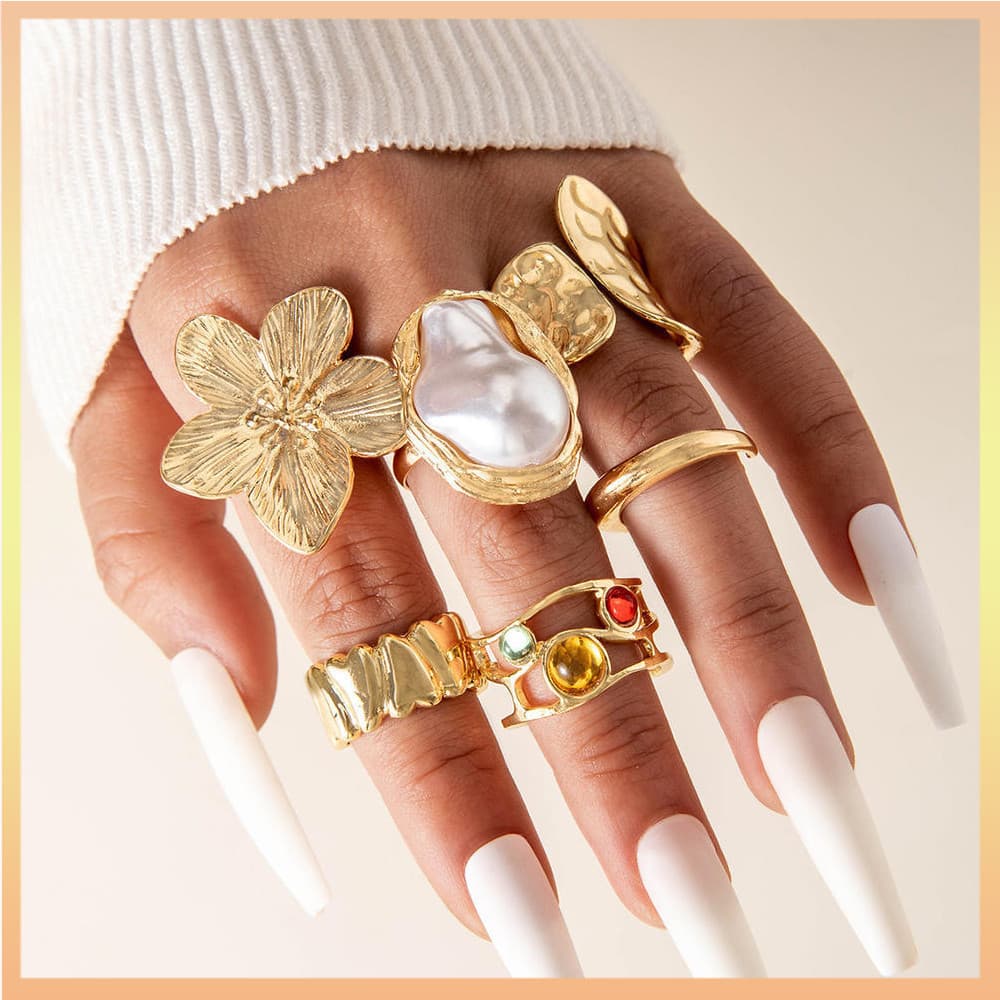 Anel de Pérola com Flores, Conjunto de Anéis Florais Vintage, Adequado para Festas, Uso Diário e Presentes 1EGP