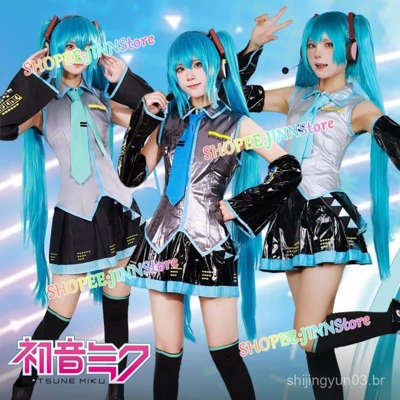 Cosplay JINN-MIKU HATSUNE Vestido de Couro Sintético + Conjunto de Peruca para Mulheres, Festa de Carnaval, Role Play ZO