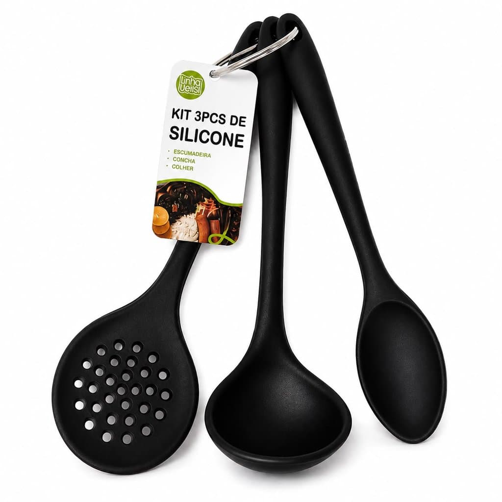 Kit Utensílios de Silicone Concha Colher e Escumadeira Cozinha Antiaderente Cores Vermelho e Preto 20cm