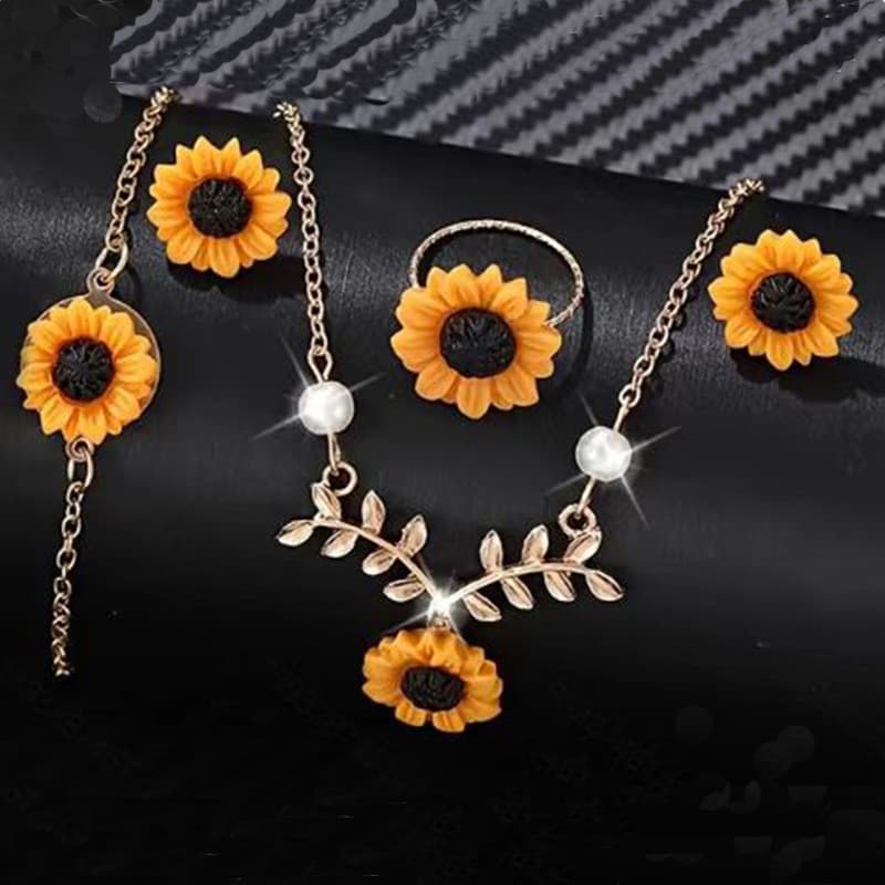 4 Pçs Conjunto De Jóias Pingente De Girassol , Tom De Ouro Colar Pulseira Anel Brincos Para Mulher , Presente Acessório