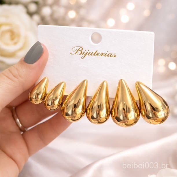 Kit 3 Pares Brincos Gota Dourados Prateados Conjunto Cartela Feminino Formato Agua Elegantes