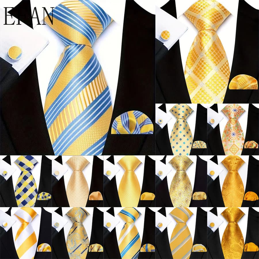 3 Pçs Masculino Amarelo Ouro Cor Listras Xadrez Sólido Gravatas Bolso Quadrado Abotoaduras Conjuntos Acessórios De Baile