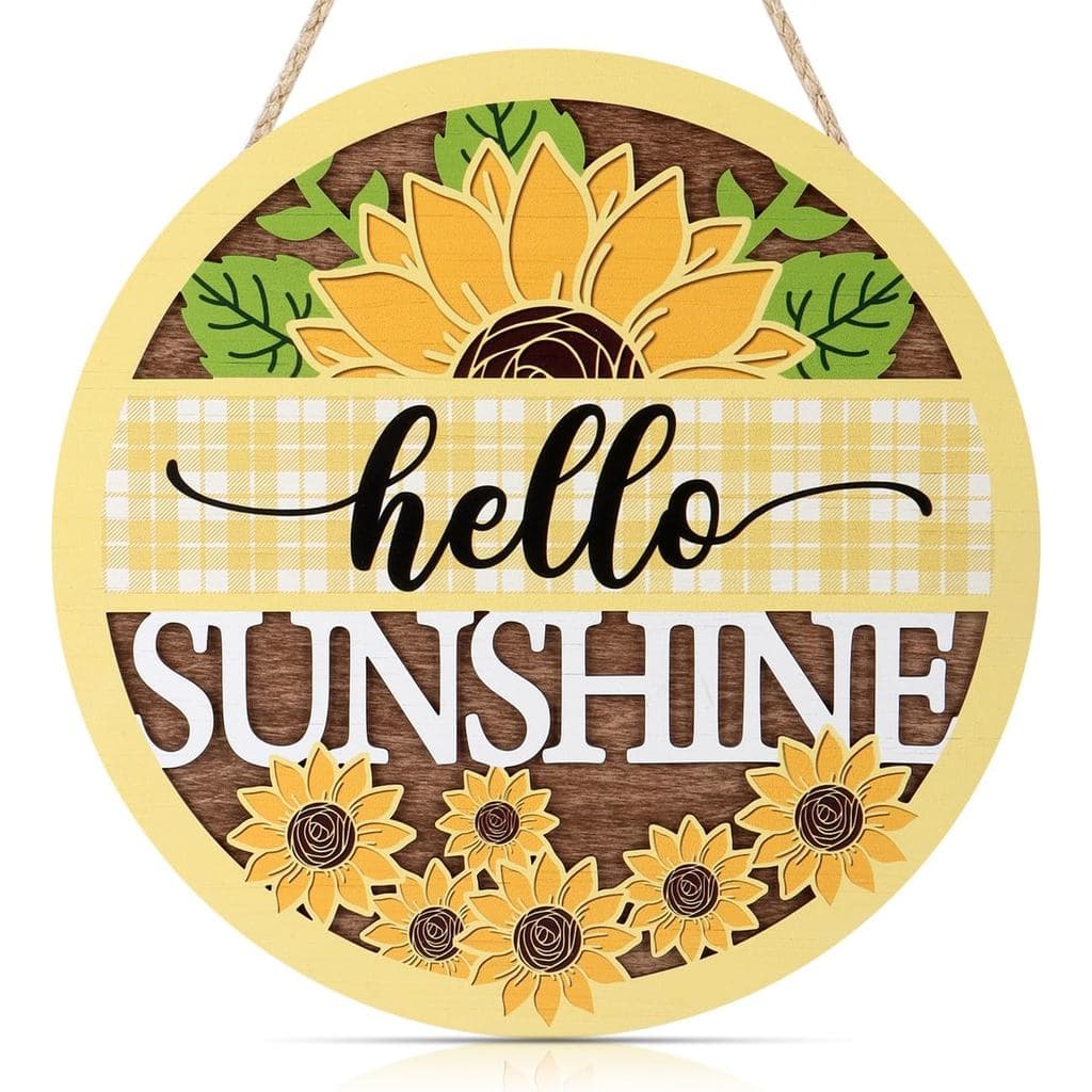CHDITB 3D Hello Sunshine Guirlanda Decorativa para Porta da Frente, Decoração de Parede em Madeira com Estampa Xadrez Am