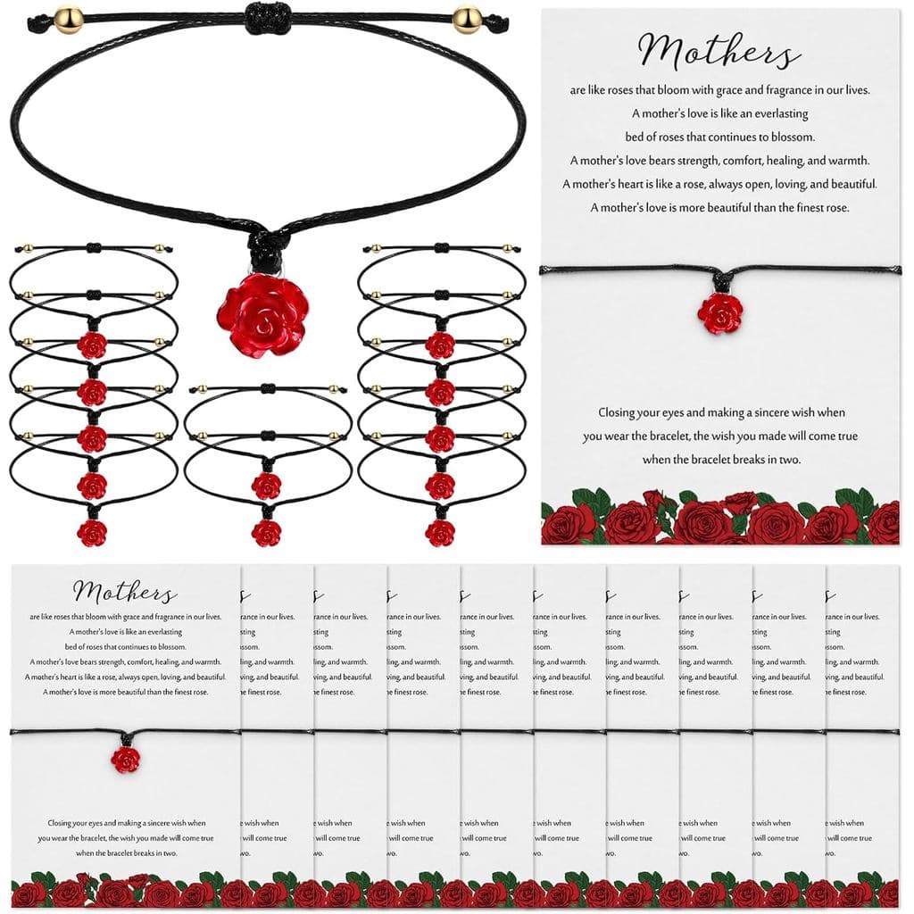 Pulseiras Ajustáveis de Rosas Vermelhas Tondiamo para o Dia das Mães com Cartões de Desejos, Presentes de Joias de Rosas