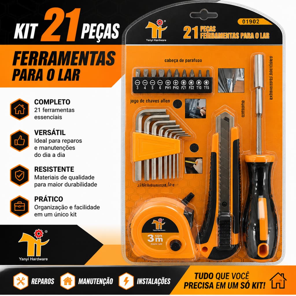 Kit Ferramentas 21 Peças Chave Allen Fita Métrica 3m Estilete Bits Reparo Casa Móveis Oficina
