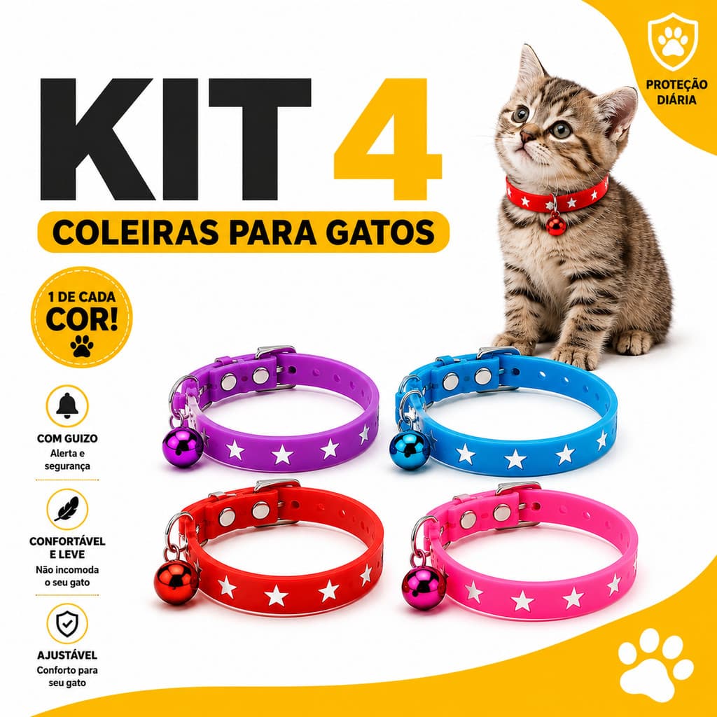 Kit 4 Coleiras Silicone para Gatos Ajustáveis com Guizo Leves Resistentes Coloridas Pet