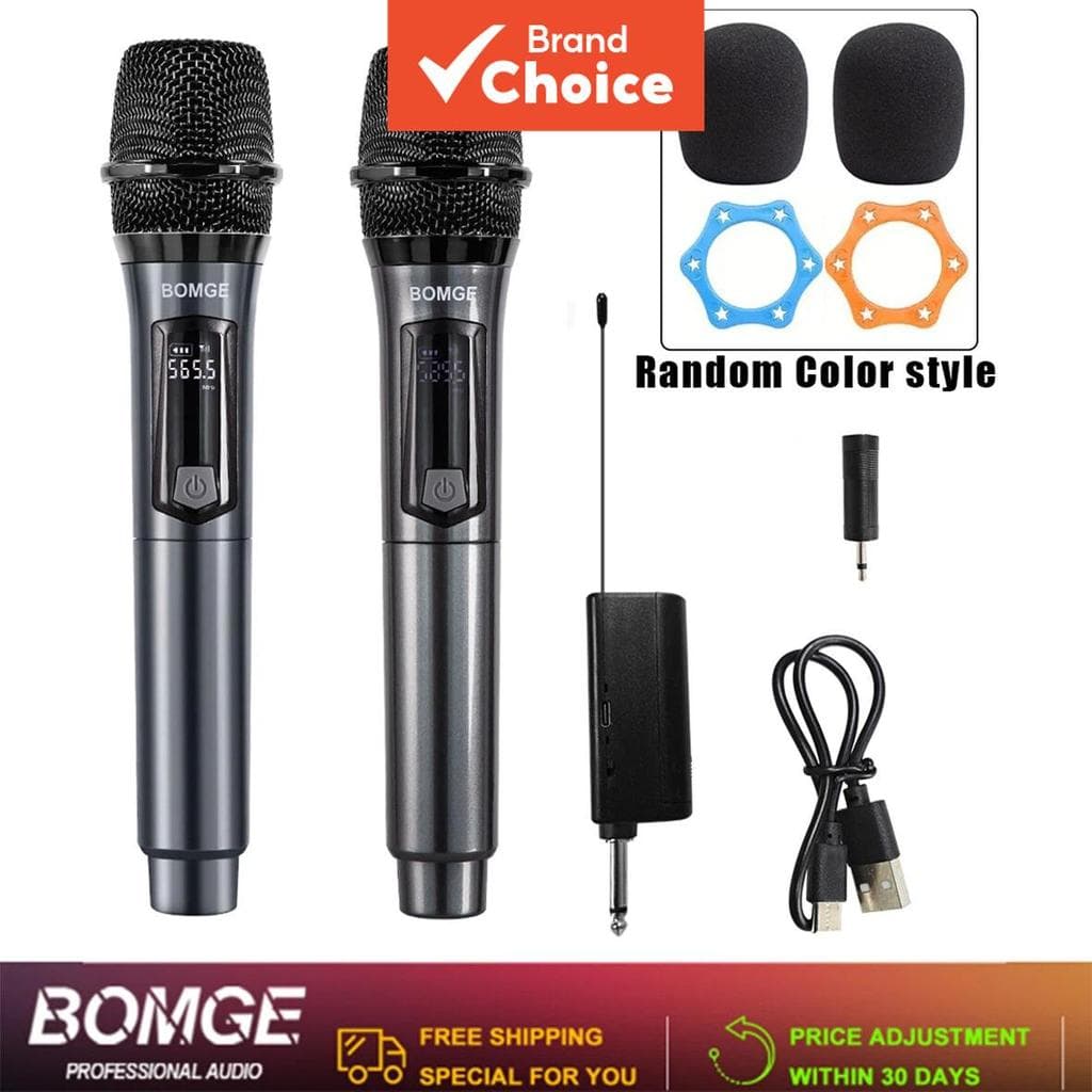 BOMGE Microfone de Mão Sem Fio, Sistema de Microfone Dinâmico Duplo de Metal, Receptor Recarregável