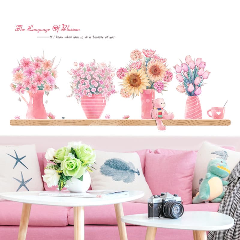 Planta decoração de parede decoração do quarto adesivo de parede ins menina rosa papel de parede auto-adesivo vaso adesi