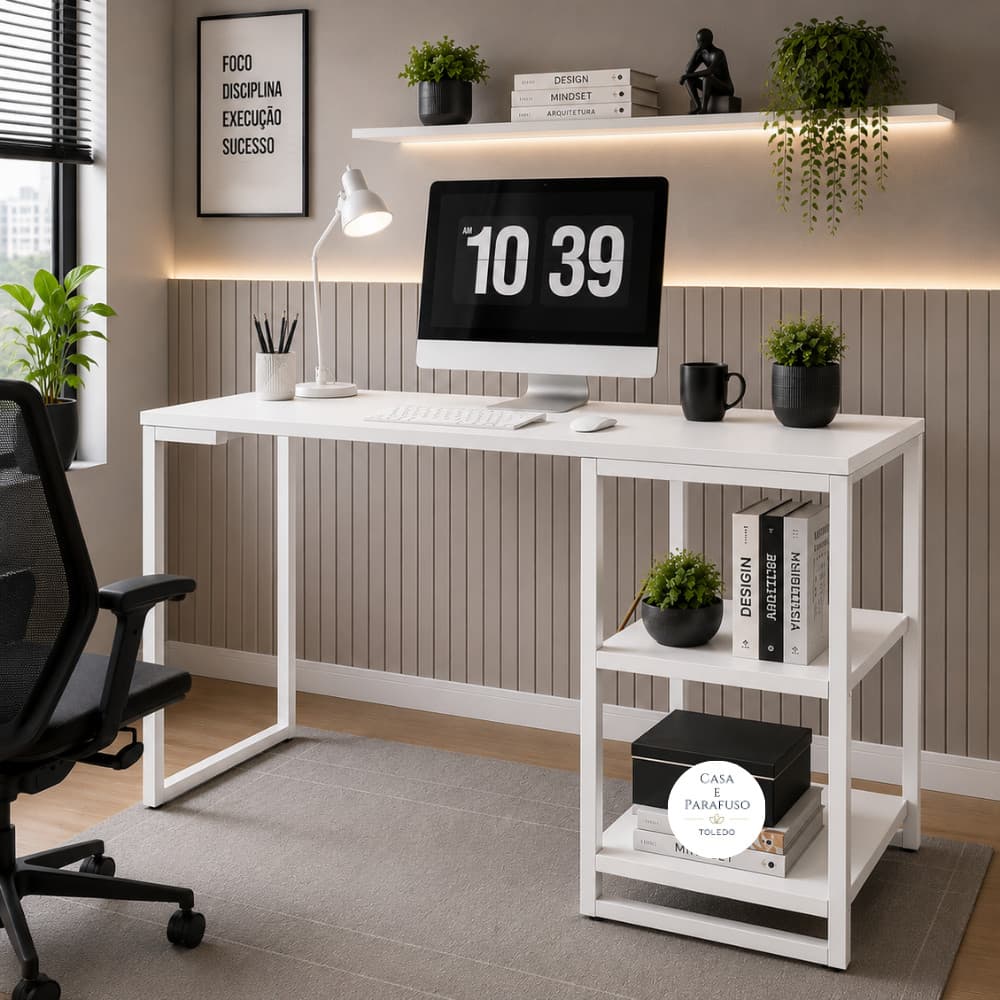 Mesa Escrivaninha 1,10 m com Prateleiras de Metal, Escritório, Estudo, Quarto, Organização prática