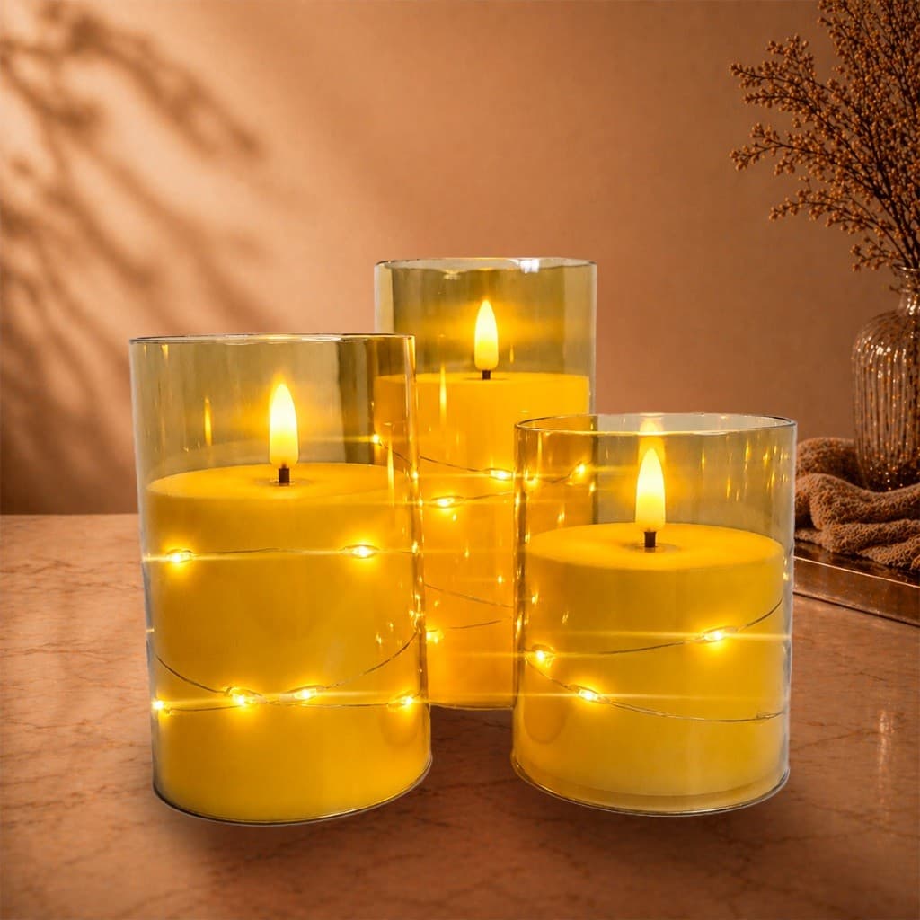 Kit 3 Velas LED Decorativas com Fio de Fada Chama Oscilante Branco ou Âmbar
