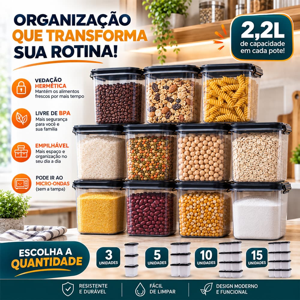 Kit Marmita Fitness Potes Plásticos 2200L P/ Microondas e Geladeiras Dietas Pote Hermético