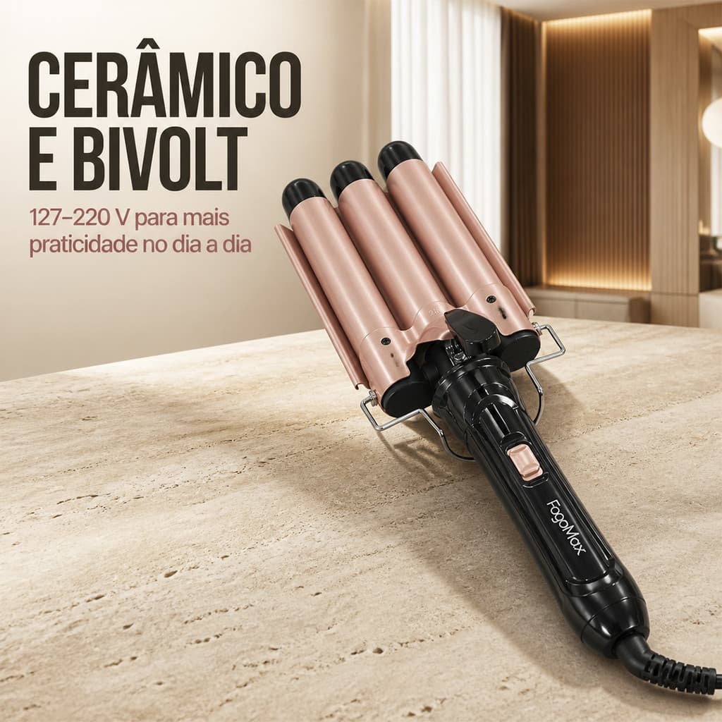 Chapinha Triondas Formador Triplo 25mm Cerâmica Bivolt Modelador de Ondas Para Cabelo 200°C