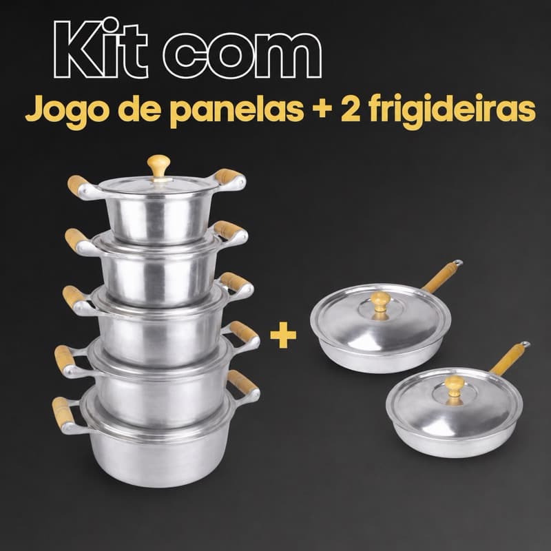 Jogo de Panelas Alumínio Batido Fundido + 2 Frigideiras Grossas com Pegadores De Madeira/LINHA PREMIUM