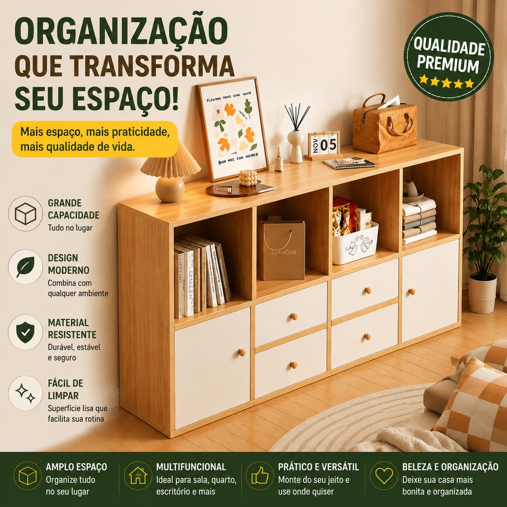 Estante Organizadora de Madeira com Armário, Prateleira para Livros e Objetos para Sala Quarto Escritório