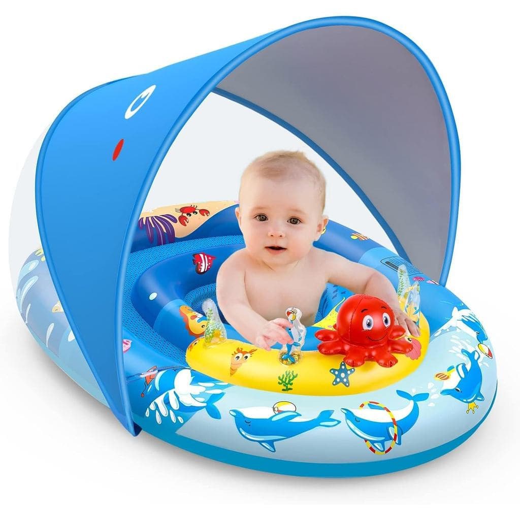 Flutuador de piscina para bebês EZIGO com capota, proteção solar UPF50+, flutuador inflável para piscina infantil com br