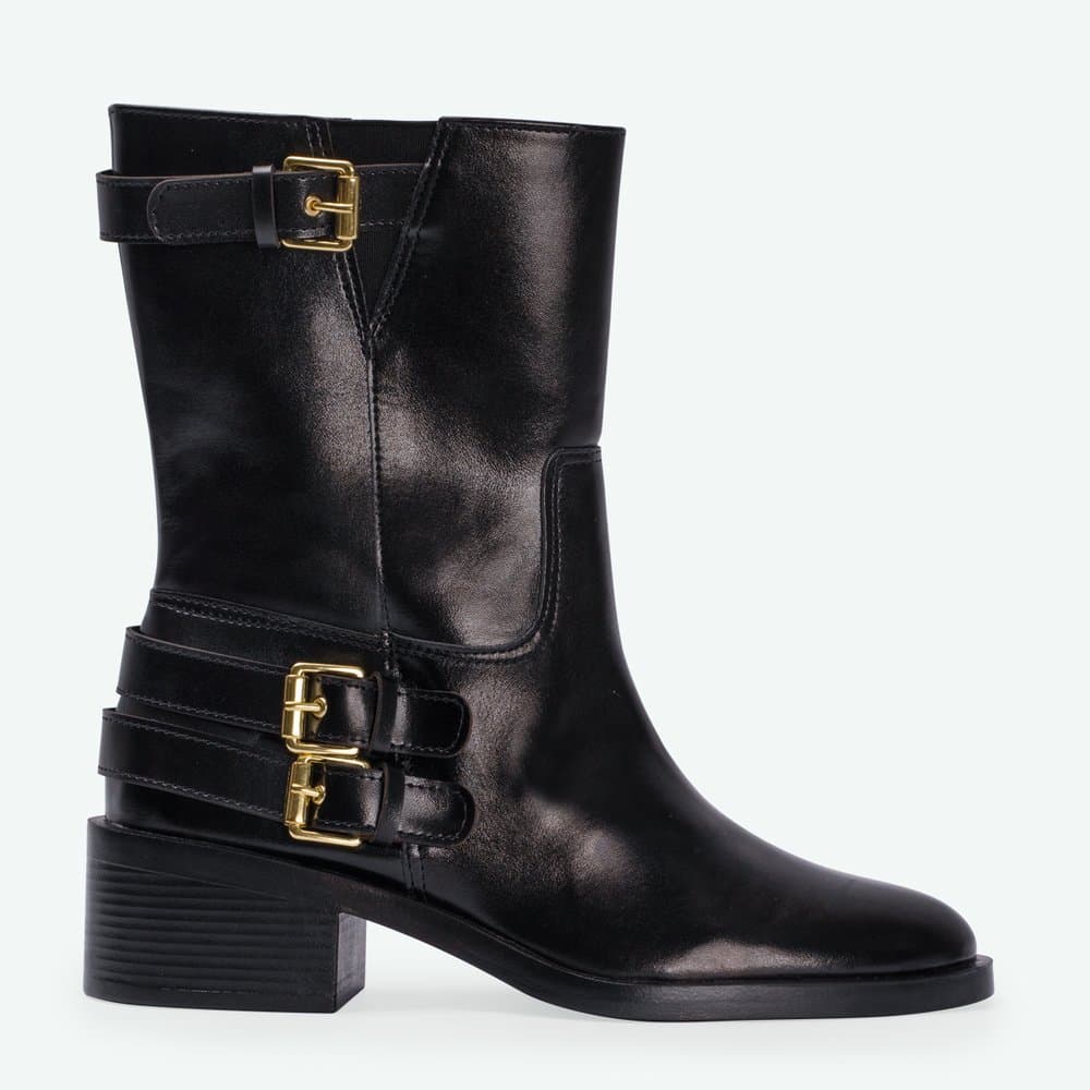 Bota Leona Bico Fino Detalhes de Tiras Afiveladas