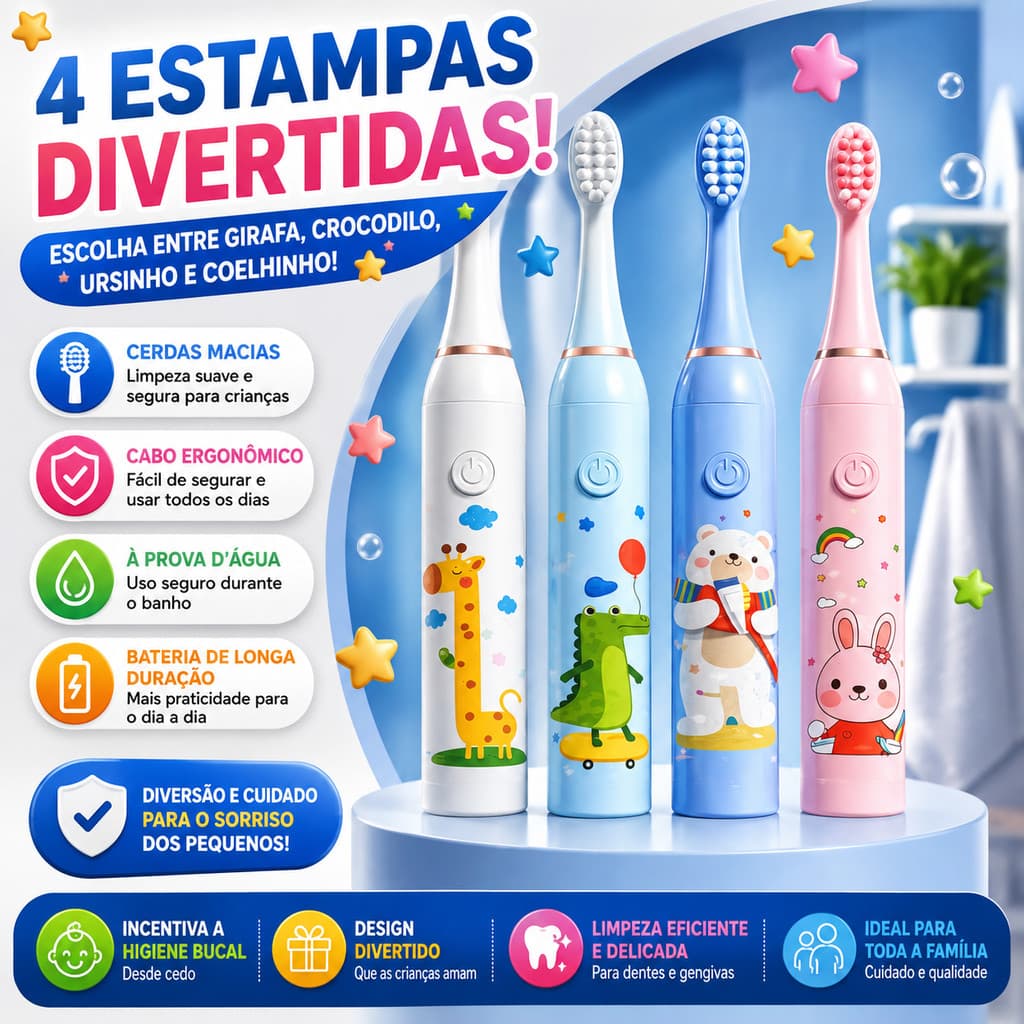 Escova Dental Eletrica Kids Ultra Sonica Macia Criança Cuidado Bucal Cerdas Suaves Recarregavel USB Bivolt Infantil