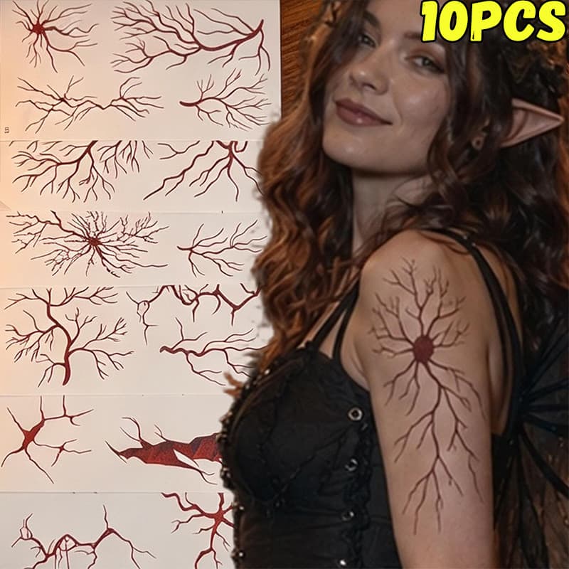 Adesivos De Tatuagens Temporárias Realistas Em Vasos Sangrentos-Decalques Com Padrão De Veias De Halloween Para Performa