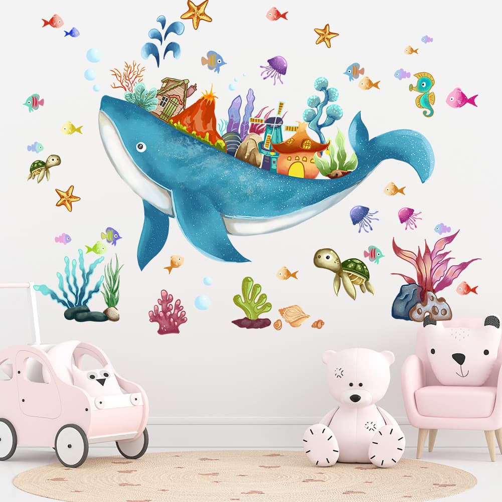 Adesivos de parede mundo subaquático baleia adesivos quarto das crianças papel de parede do jardim de infância adesivos