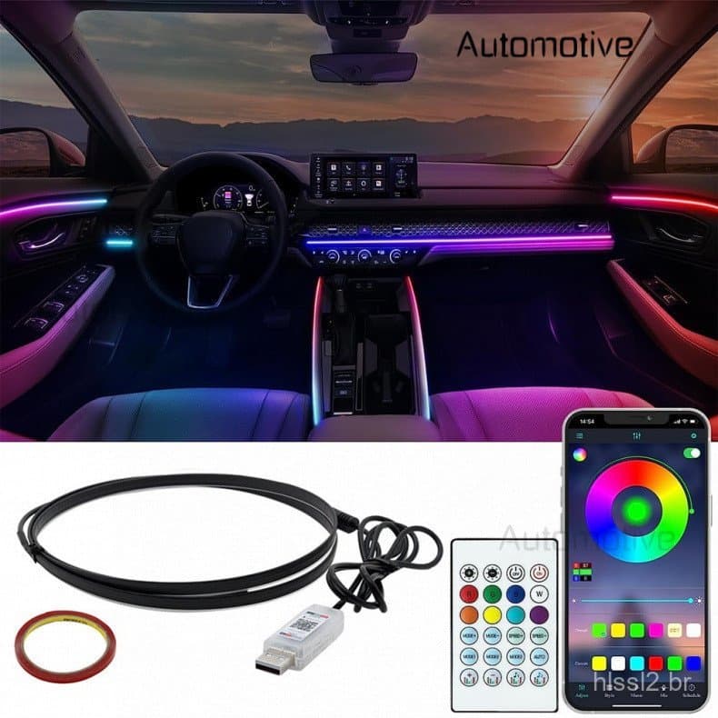 Luzes Ambientais Universais para Carro LED RGB Interior, Lâmpada de Atmosfera Sinfônica, Controle por APP e Remoto USB,