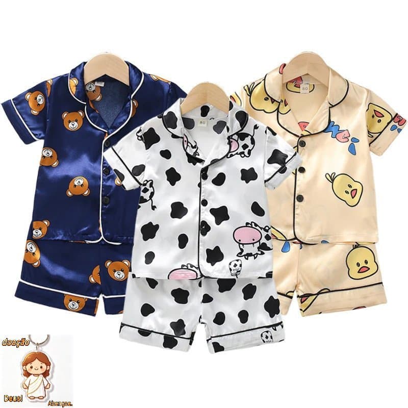 Conjunto de Pijamas de Seda de Verão para Meninos e Meninas, Pijamas de Cetim Infantil com Mangas Curtas + Shorts, R 1NH