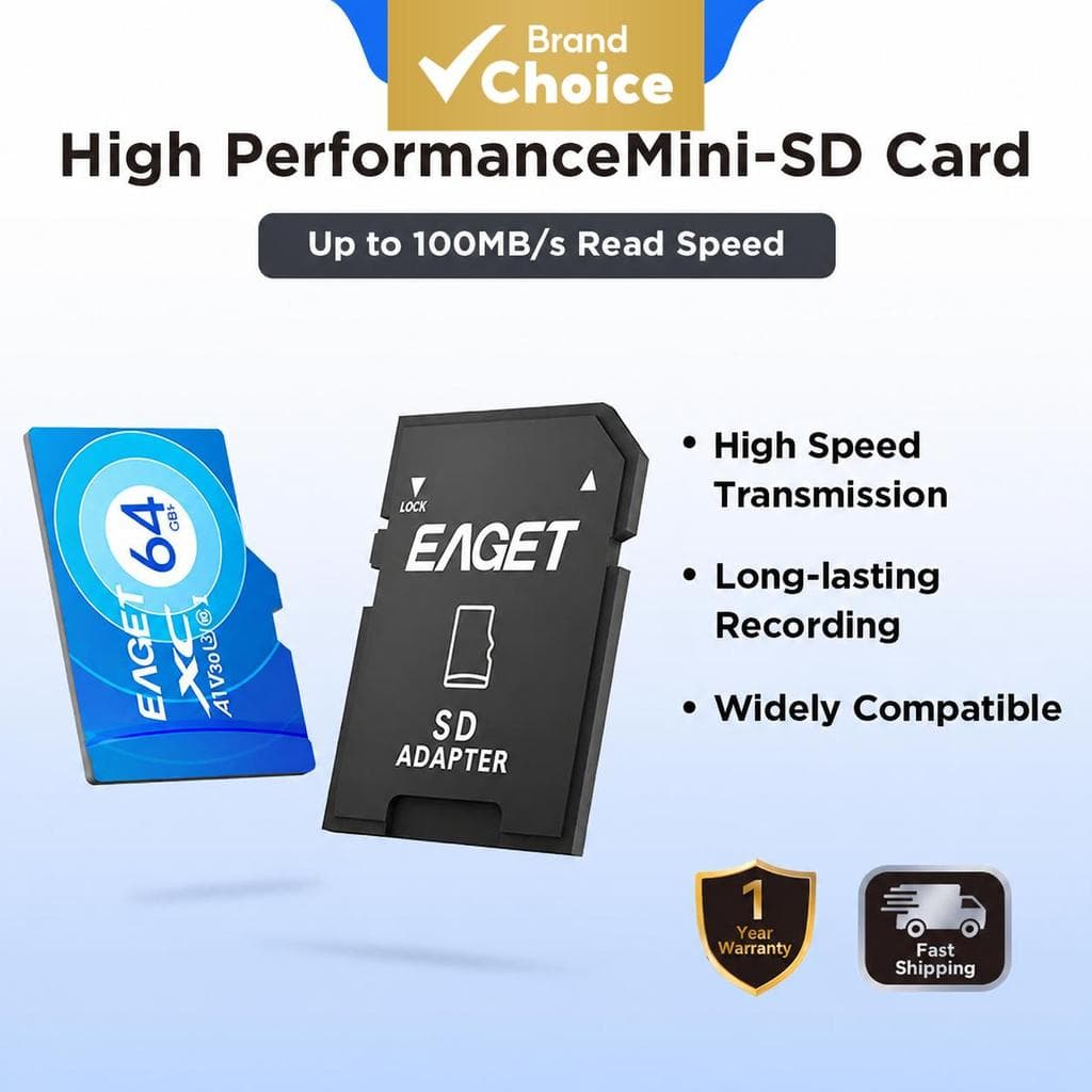 Conjunto de Cartão Micro SD EAGET TF + Adaptador SD Alta Velocidade 100MB/s A1 V30 Para Câmera Veicular, CFTV e Câmera