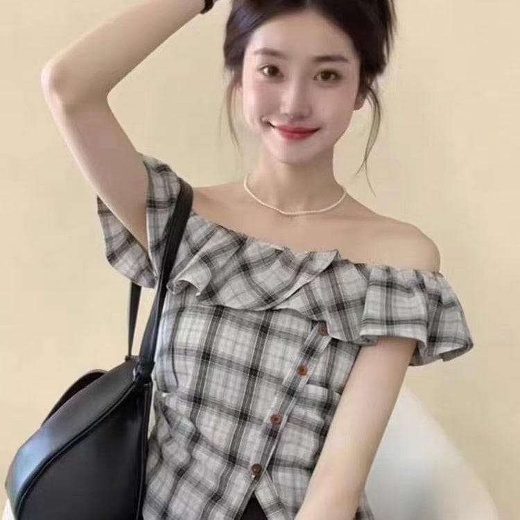 [Seckill por tempo limitado] Camisa xadrez estilo coreano sem alças de manga curta, 2026 verão novo estilo Slim fit pequ