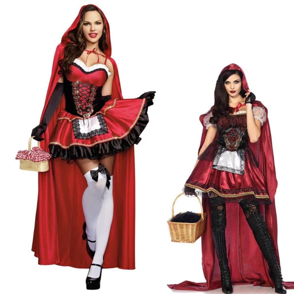 Fantasia de Chapeuzinho Vermelho para mulheres adultas, conjunto de capa vermelha de luxo para Halloween, inclui luvas e