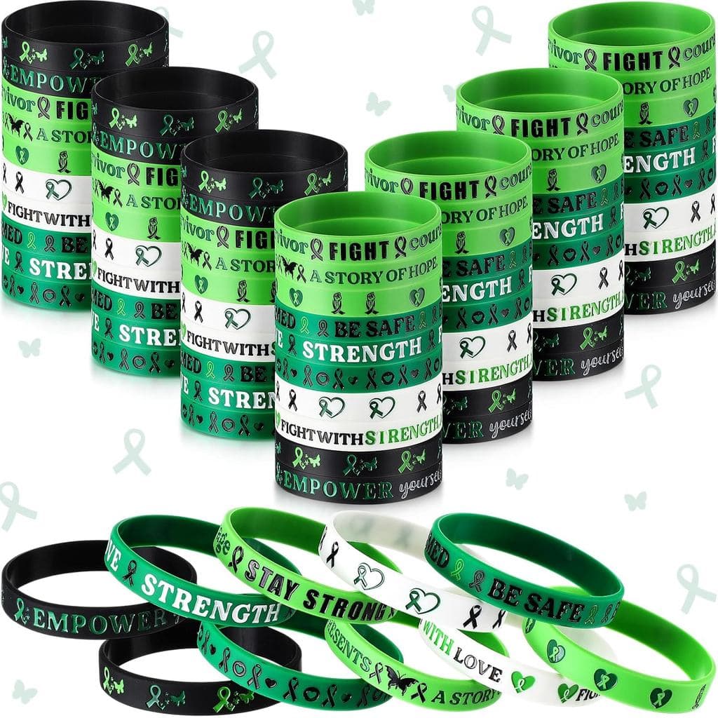 Wavwavw 50 Pulseiras de Conscientização sobre Saúde Mental em Lote, Pulseiras de Silicone com Fita Verde, Pulseiras Moti