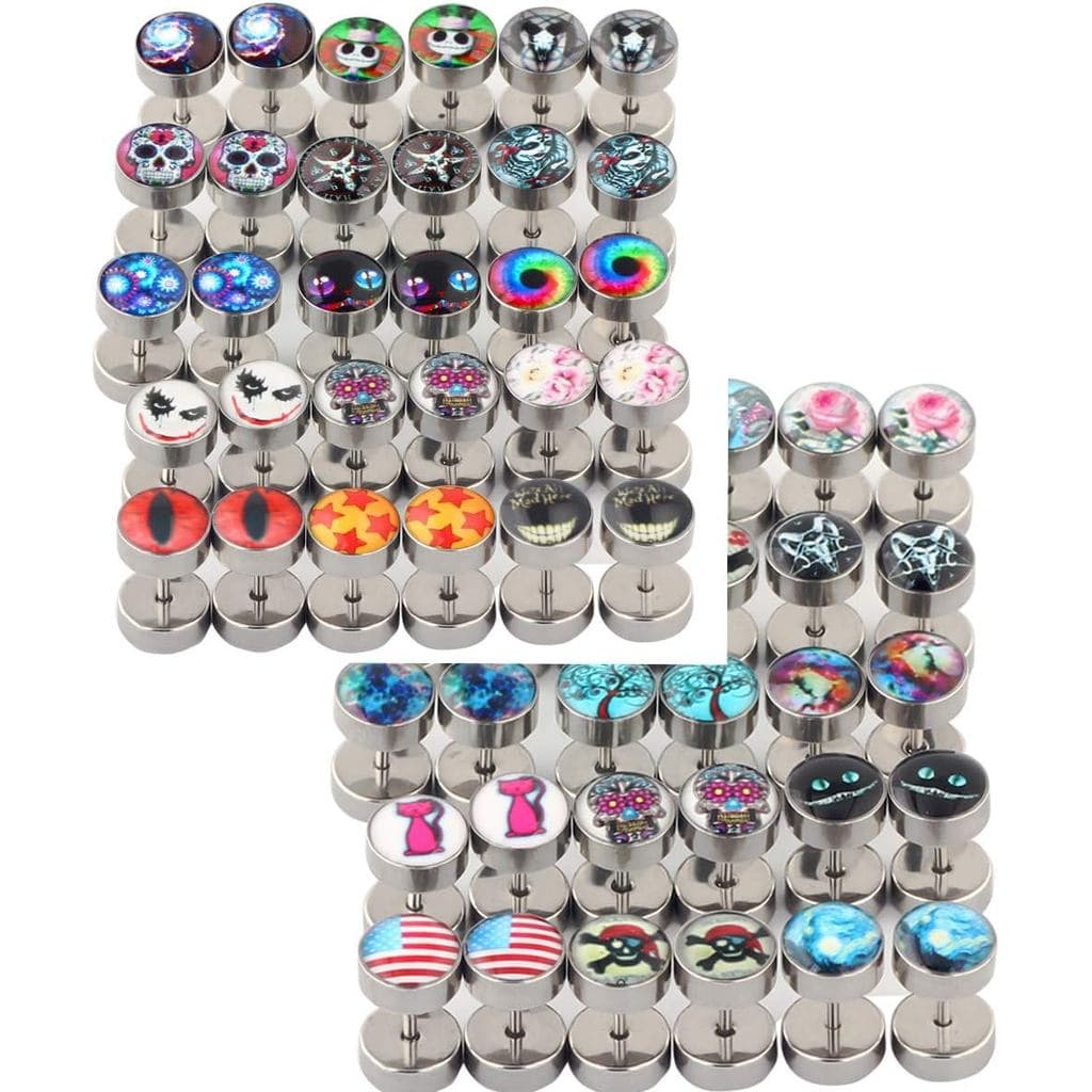 30 Peças de Plugues Falsos para Orelha em Aço Inoxidável Prateado de 8mm, Conjunto de Brincos Falsos Aleatórios