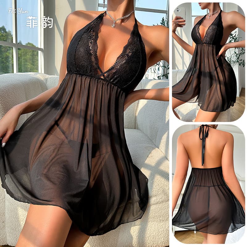 Novo Pijama confortável cor sólida malha leve transparente tentação Halter Sling S
