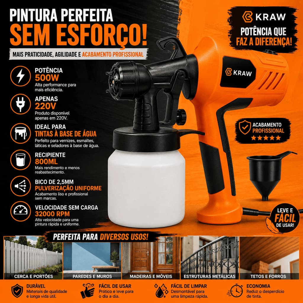 Pulverizador de Tinta Elétrico Pistola de Pintura Spray Profissional 800ML Bico Ajustável Pintar
