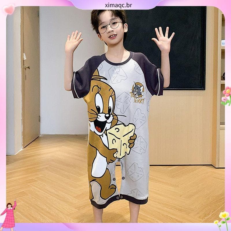 Macacão de algodão puro infantil meninos pijamas de manga curta verão estilo fino médio grande crianças dos desenhos ani