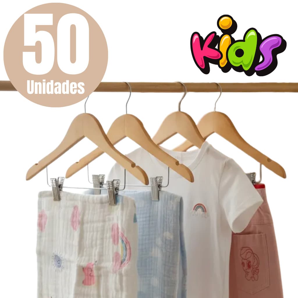 Kit 50 Cabides Infantil Madeira Presilha Marfim Verniz Roupa