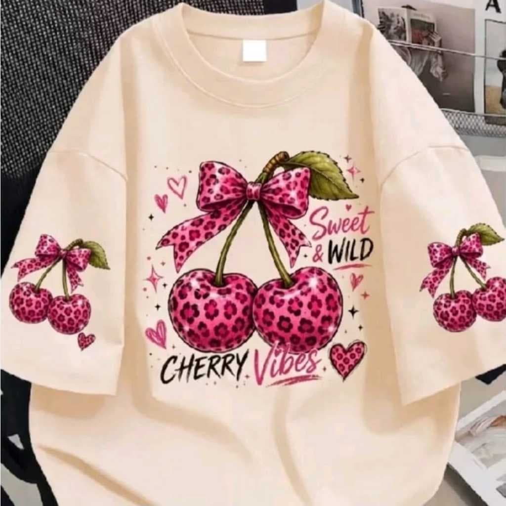 Tshirt Feminina Estilosa Estampada Cereja Oncinha Lançamento Camiseta Blusinha Camisa