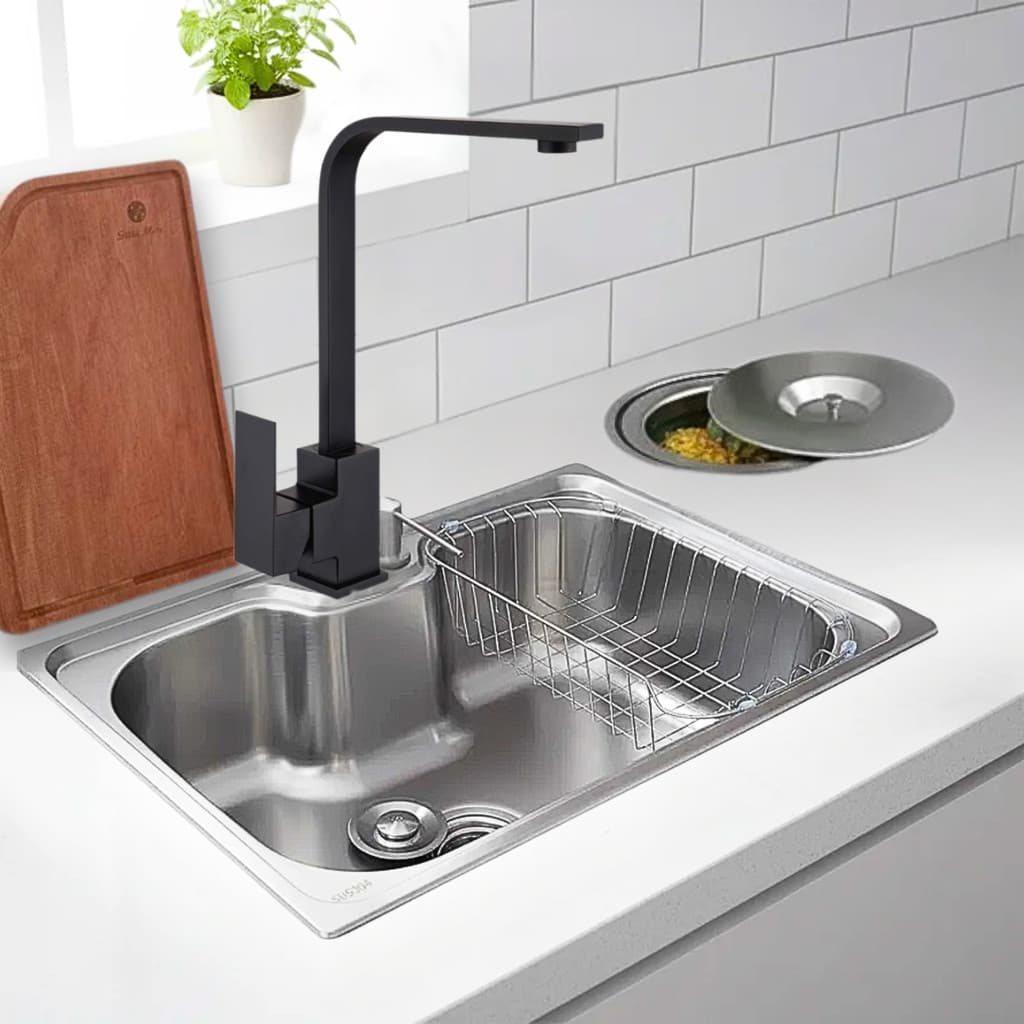 CUBA 50X40 AÇO ESCOVADO +TORNEIRA SLIM BLACK TÁBUA E LIXEIRA