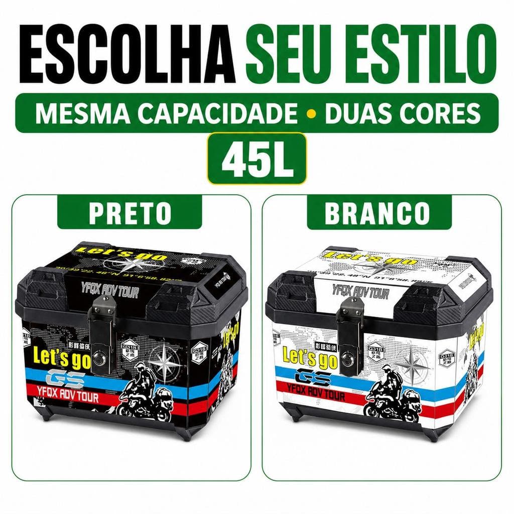 Baú Bauleto para Moto 45 litros Universal Base Kit Fixação Completo Trava Anti Furto
