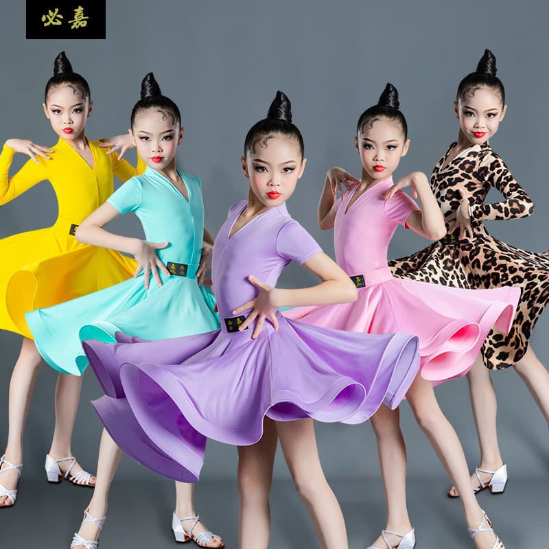 Traje de dança latina infantil, fantasia de dança para meninas, fantasia de prática infantil, manga curta, peça única, s