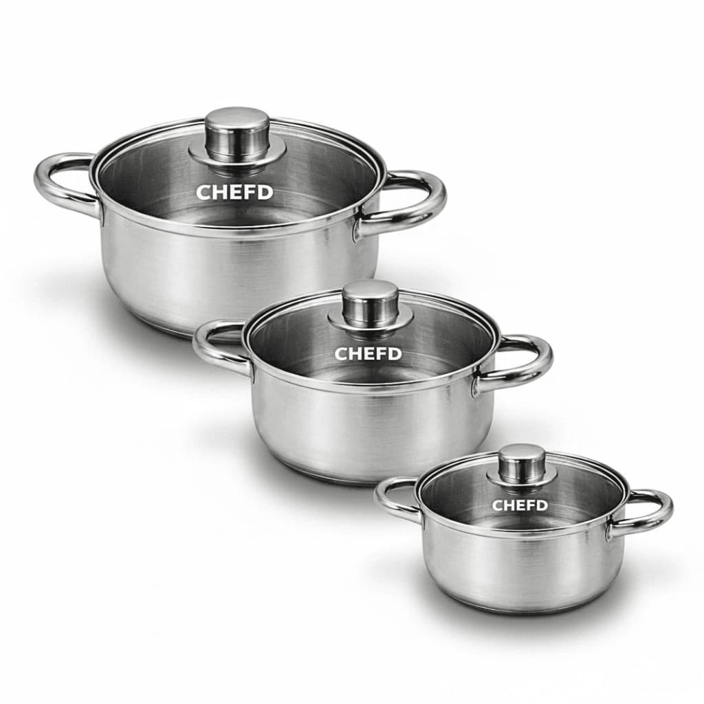 Jogo de Panelas Inox 3 Peças Tampa Vidro Indução Fogão Gás Elétrico Cozinha Completa Casa