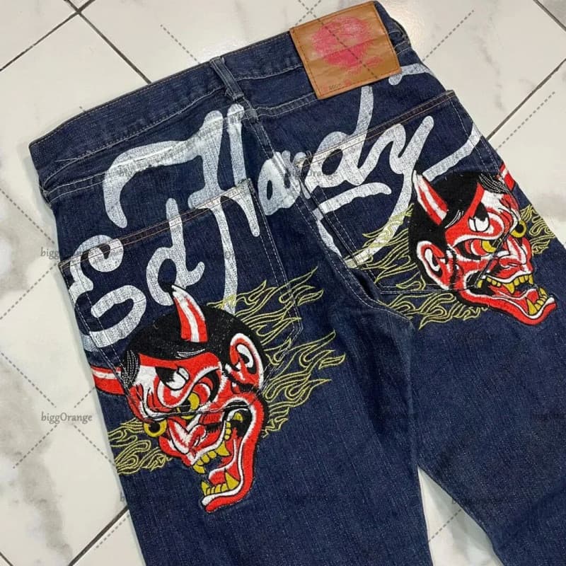 Estoque pronto envio padrão gótico Y2K jeans masculino Hip Hop solto estilo Punk Harajuku jeans lavado